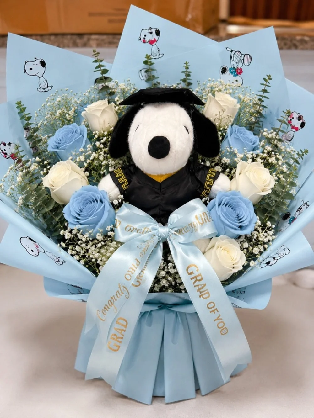 Graduation Bouquet Gift Set Plush Dog 5 Sheets + 2 Yards Ribbon